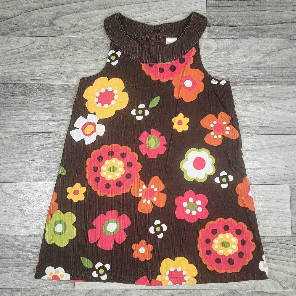 Gymboree Jumper Dress Girls Size 4 Dark Brown Lightweight Corduroy Floral